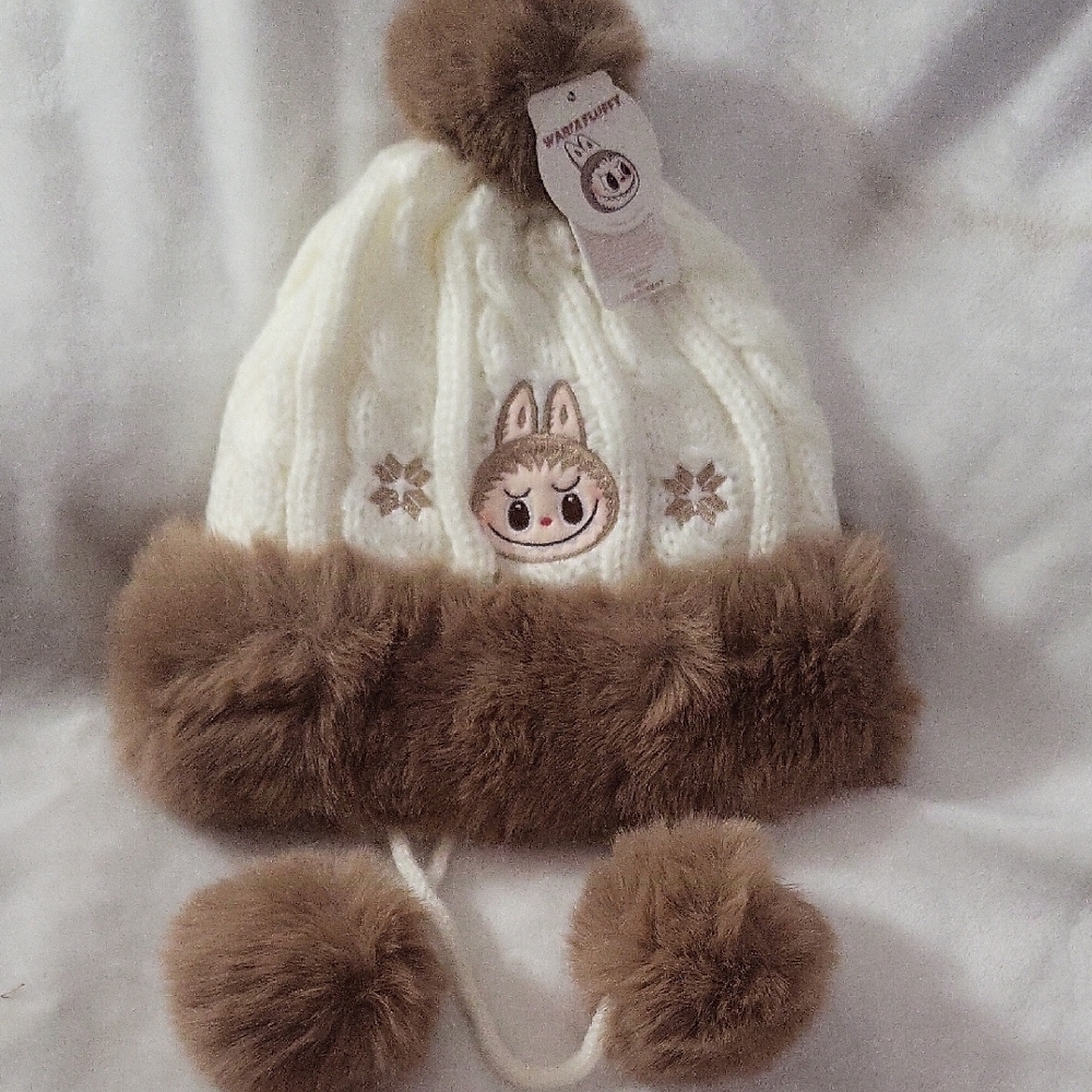 Popland Exclusive White and Brown Knit Beanie with Pom Poms